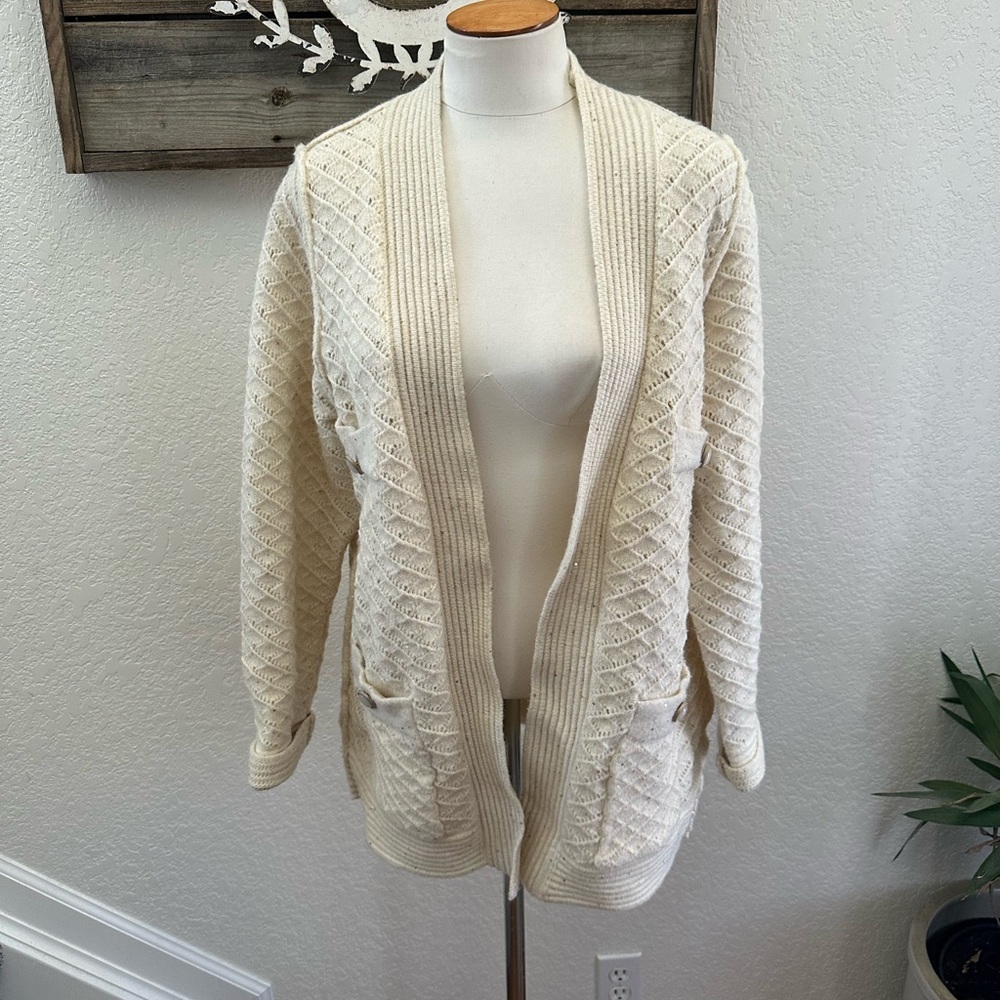 POL boutique Women's Cream gold sequin Cardigan Sweater size Small